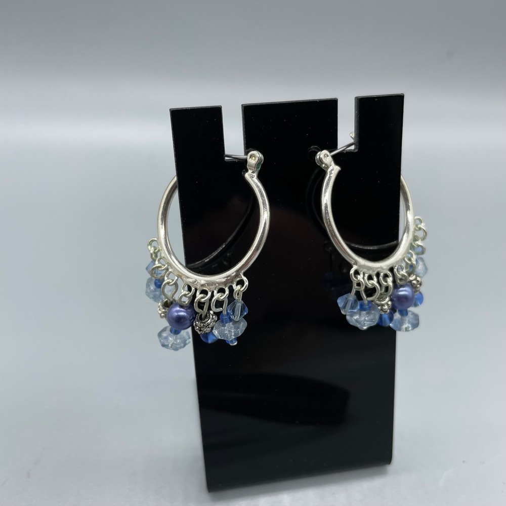 Blue Beaded Silver Tone Hoop Earrings Chandelier‎ Boho Glass Pearl Dangle